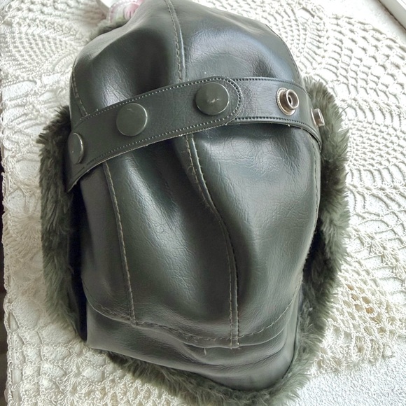 Vintage 90s Olive Faux Leather Aviator Trapper Hat